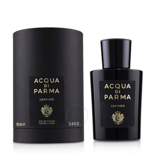 Acqua di Parma Leather EDP 100 ml perfume bottle with elegant black packaging.