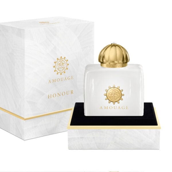Amouage Honour EDP 100ml perfume bottle with gold cap and elegant packaging.