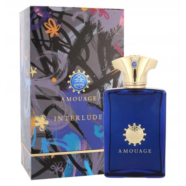 Amouage Interlude EDP 100ml perfume in a striking blue bottle with gold accents.