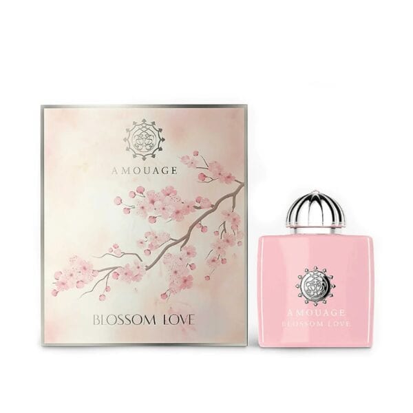 Elegant pink perfume bottle with floral design for Blossom Love by Amouage.