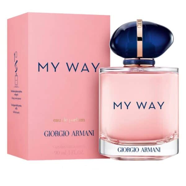 Elegant My Way Giorgio Armani perfume bottle with pink and navy design.