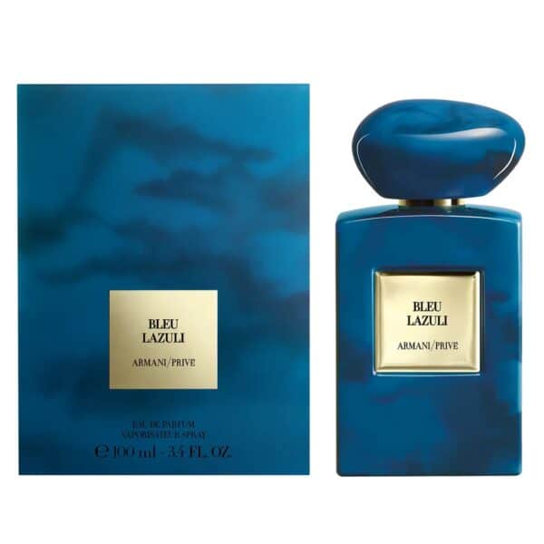 Armani Prive Bleu Lazuli perfume bottle and box, luxurious turquoise blue design.