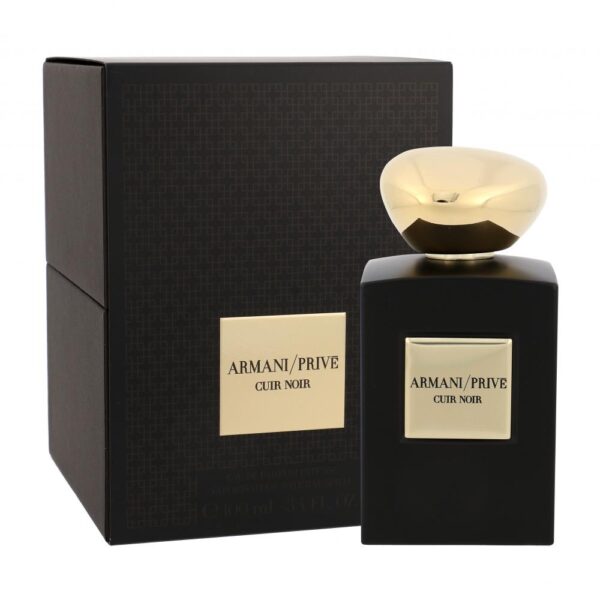 Luxury Armani Prive Cuir Noir perfume bottle with black packaging.