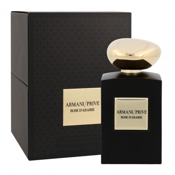 Armani Prive Rose D'Arabie EDP perfume bottle with luxurious black and gold design.