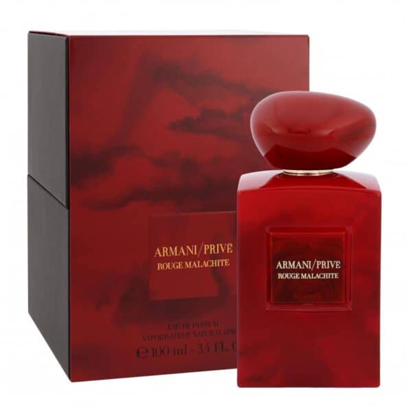 Elegant red perfume bottle with matching box, luxurious design for Armani Prive Rouge Malachite.