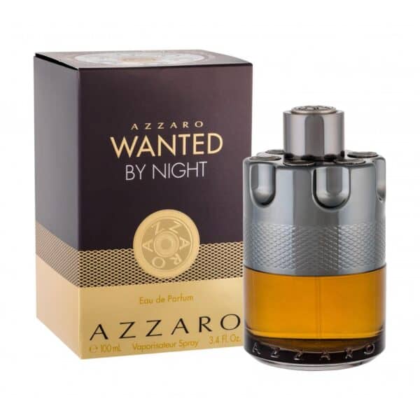 Azzaro Wanted By Night perfume bottle and box, luxury fragrance for men.