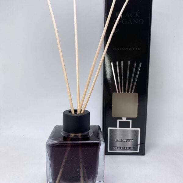 Reed diffuser with Black Afgano scent by Nasomatto, ideal for aromatic home ambiance.