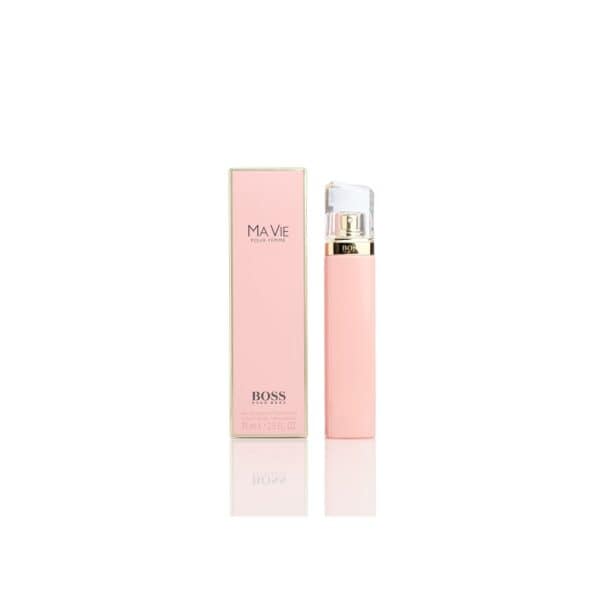 Elegant pink perfume bottle with matching box for women.