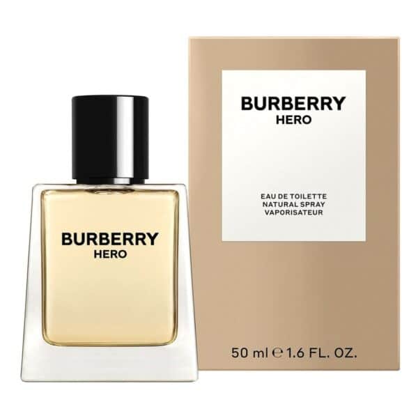 Burberry Hero perfume bottle with packaging, luxury fragrance for men.
