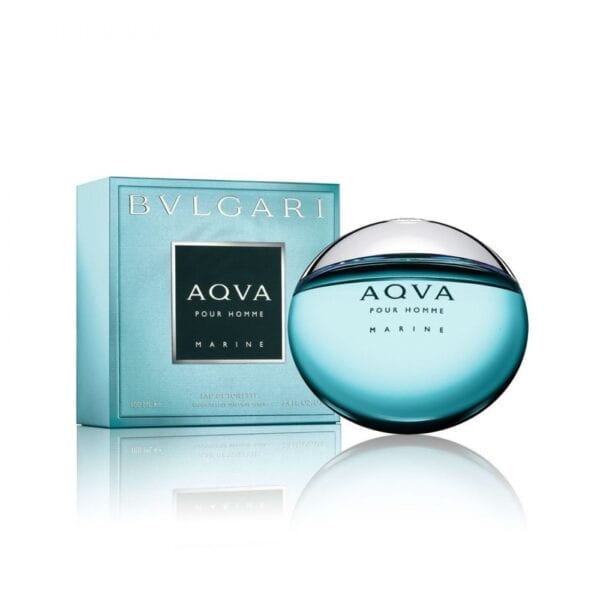 Aqva Marine Bvlgari men's fragrance in a round blue bottle with packaging.