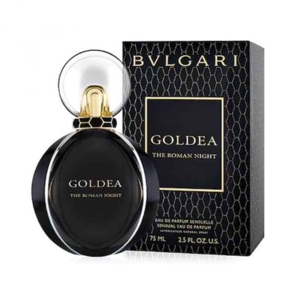 Bvlgari Goldea The Roman Night perfume bottle and box, luxurious black and gold design.