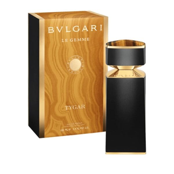 Luxurious Bvlgari Le Gemme Tygar perfume bottle with elegant black and gold design.