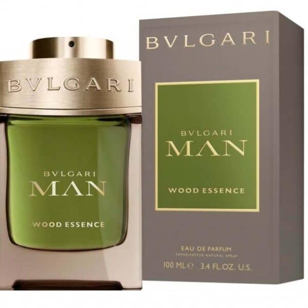 Bvlgari Man Wood Essence fragrance bottle and box, showcasing a fresh woody scent for men.