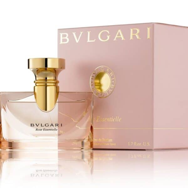 Bvlgari Rose Essentielle perfume bottle with pink box, elegant floral fragrance for women.