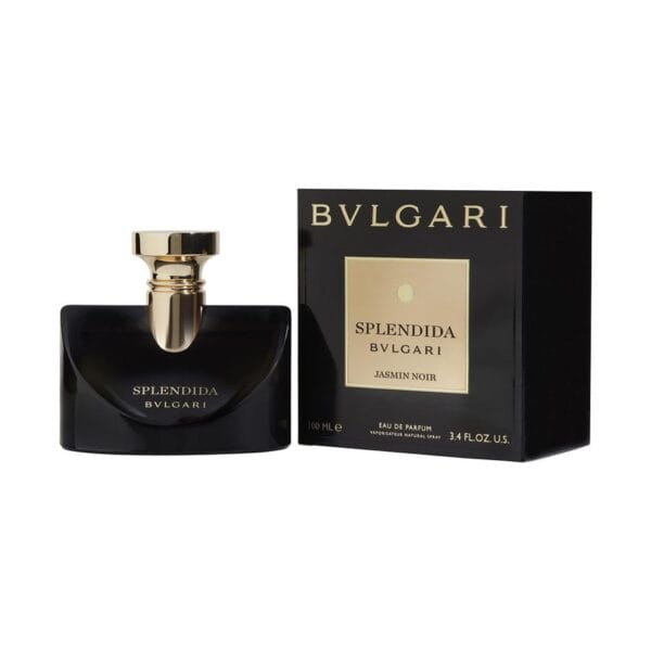 Elegant Bvlgari Jasmin Noir perfume bottle with black and gold design.