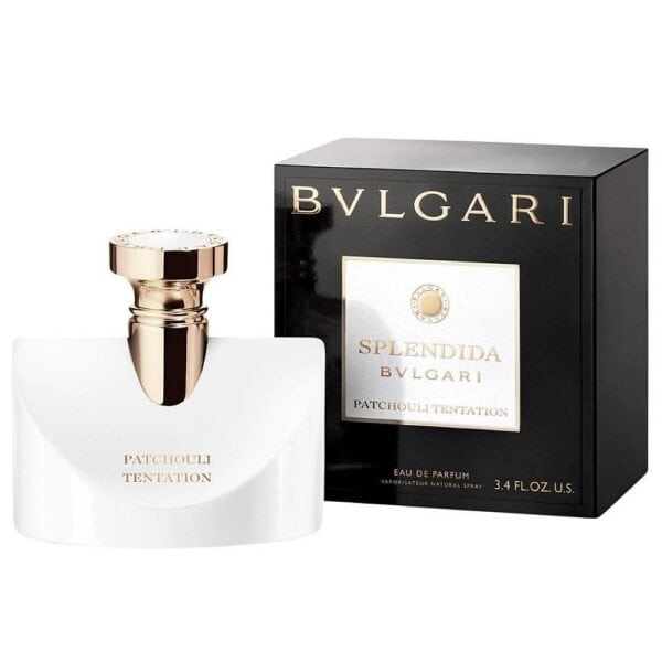 Bvlgari Splendida Patchouli Tentation perfume bottle and box, luxury fragrance for women.