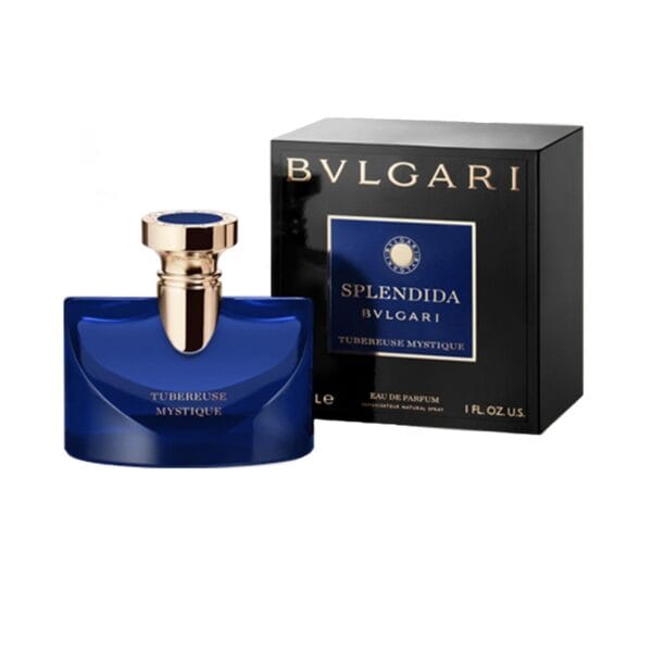Elegant blue Bvlgari perfume bottle with gold cap and packaging for Tubereuse Mystique.