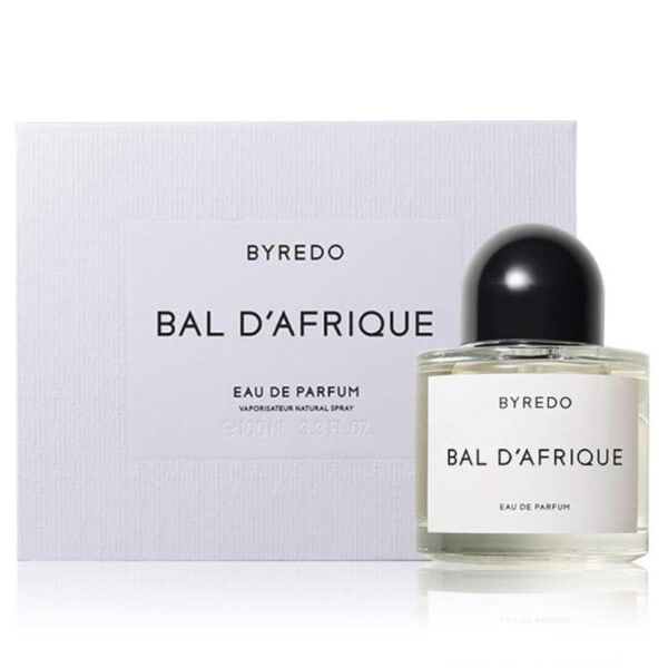 Elegant Byredo Bal D'Afrique perfume bottle with packaging, showcasing a luxurious fragrance.