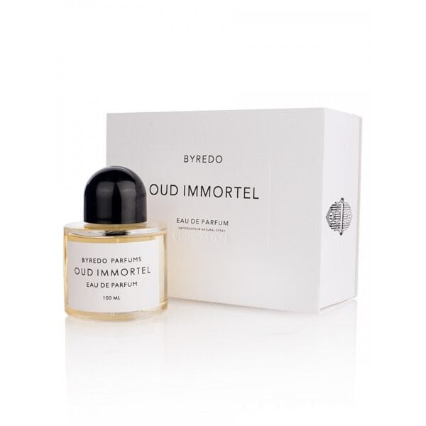 Oud Immortel perfume bottle with box, luxury fragrance by Byredo.