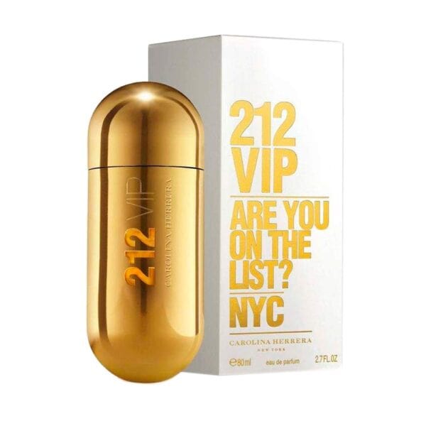Carolina Herrera 212 VIP EDP perfume bottle with gold finish and packaging.
