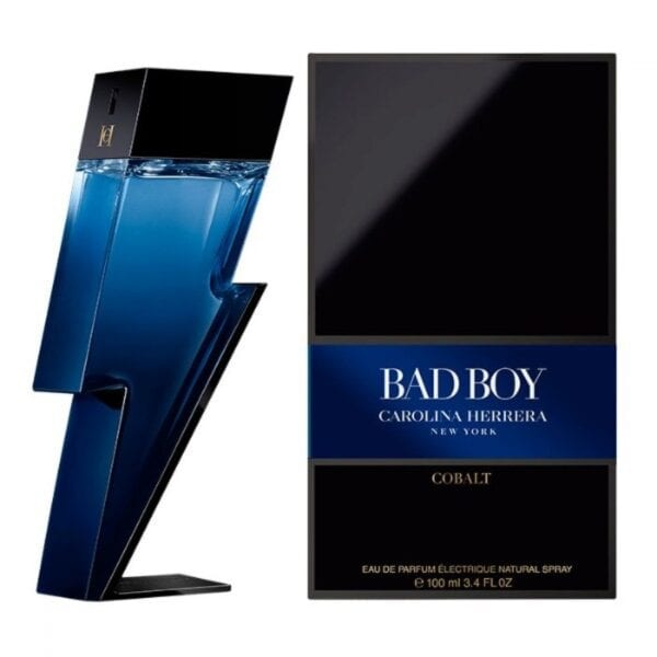 Elegant Bad Boy Cobalt perfume bottle by Carolina Herrera, featuring a striking lightning bolt desig.