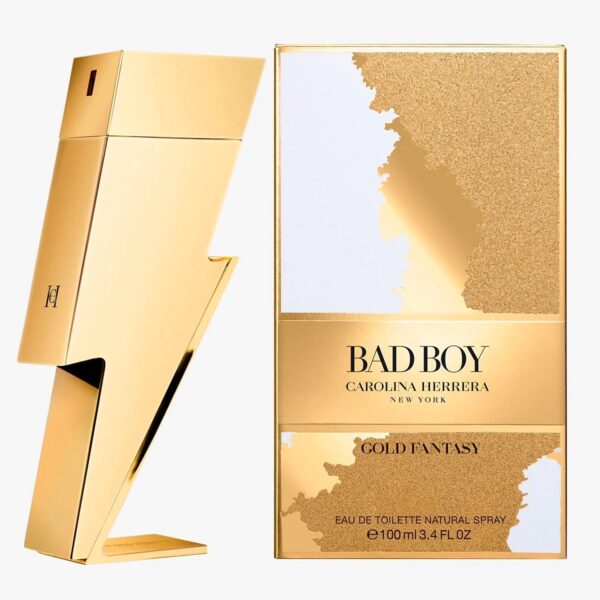 Luxury Carolina Herrera Bad Boy Gold Fantasy perfume bottle and box.
