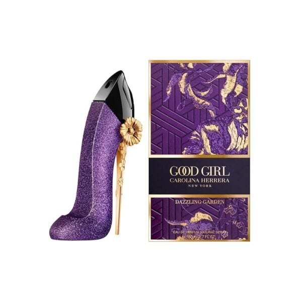 Carolina Herrera Good Girl Dazzling Garden perfume bottle and box, purple and gold design.