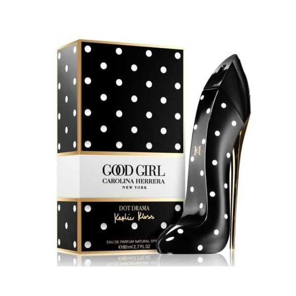 Carolina Herrera Good Girl Drama Dot EDP perfume bottle with black and white polka dot design.