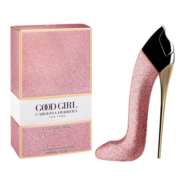 Elegant pink glitter perfume box and high heel shoe inspired by Carolina Herrera Good Girl fragrance.