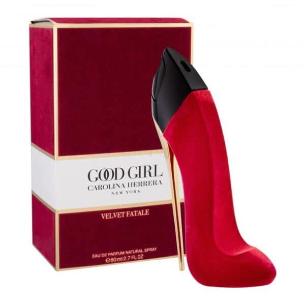 Elegant red velvet perfume bottle with black cap, inspired by Carolina Herrera Good Girl Velvet Fata.