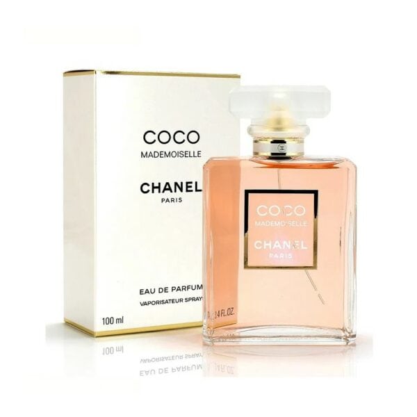 Elegant Chanel Coco Mademoiselle perfume bottle with packaging.