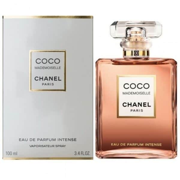 Elegant Chanel Coco Mademoiselle Intense perfume bottle with packaging.