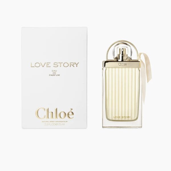 Chloe Love Story EDP 75ml perfume bottle with elegant design and soft beige ribbon.