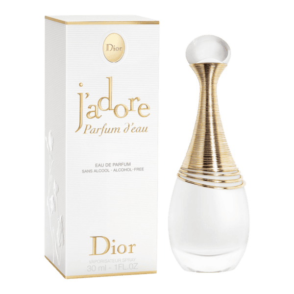Elegant Dior J'adore perfume bottle with gold accents and white design.