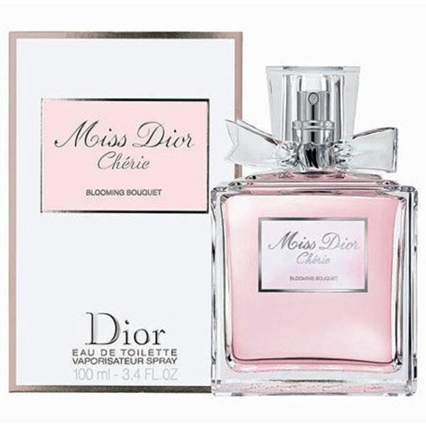Elegant Miss Dior Cherie Blooming Bouquet perfume bottle with pink fragrance.