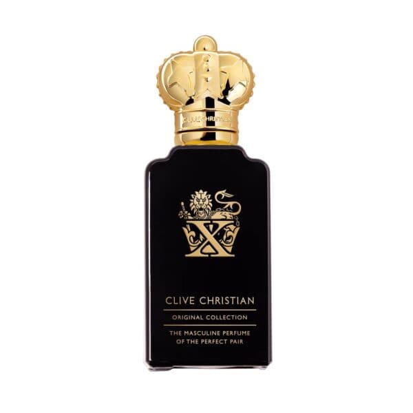 Elegant Clive Christian X perfume bottle with gold crown cap and black design.