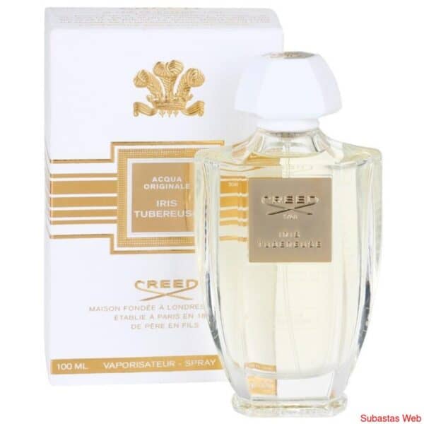 Elegant Creed Iris Tubereuse perfume bottle with white cap and gold accents.
