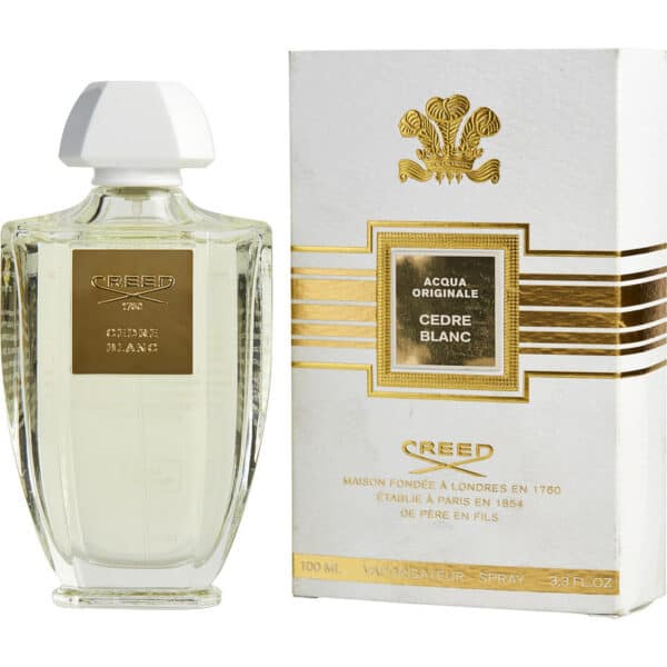 Elegant Creed Cedre Blanc perfume bottle with white cap and gold label.