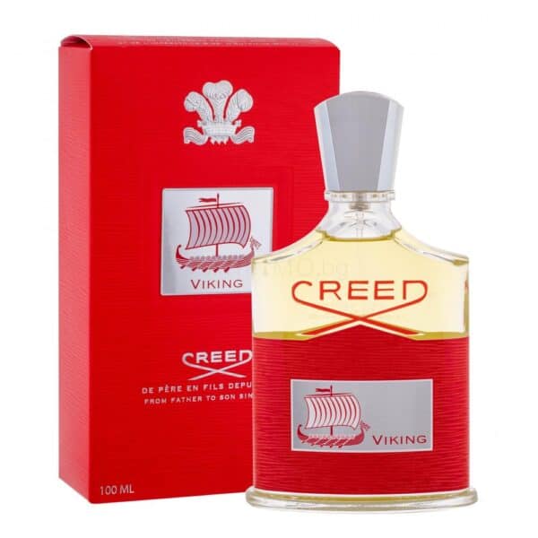 Elegant Creed Viking fragrance bottle with red label and silver cap, alongside matching red packagin.