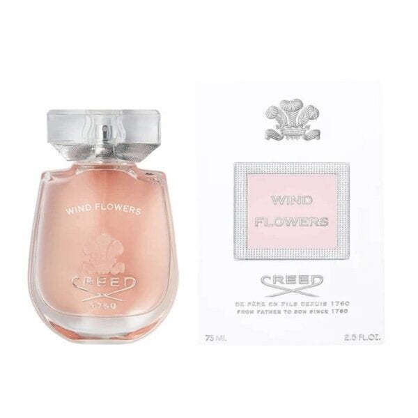 Elegant Creed Wind Flowers perfume bottle with pink liquid and logo.