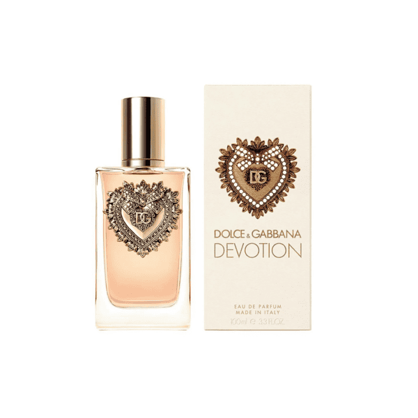 Elegant Dolce & Gabbana Devotion perfume bottle with intricate heart design.