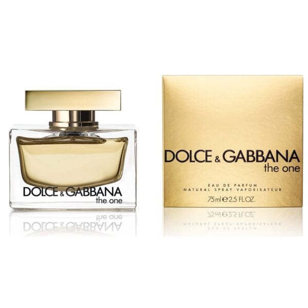 Dolce & Gabbana The One EDP perfume bottle with gold packaging.