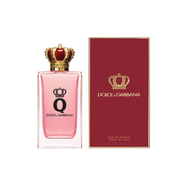 Elegant Dolce & Gabbana Q perfume bottle with crown cap and matching box.