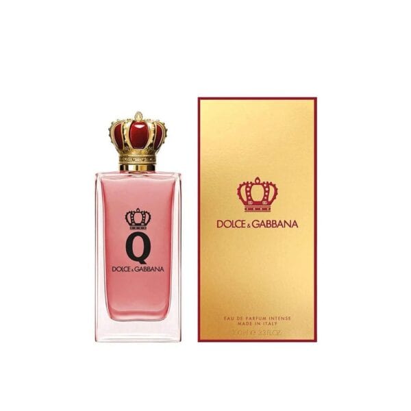 Elegant Dolce & Gabbana Q Intense EDP perfume bottle with gold and red packaging.