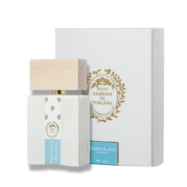 Elegant Ducci Bianco Latte perfume bottle with wooden cap, part of Giardini Di Toscana collection.