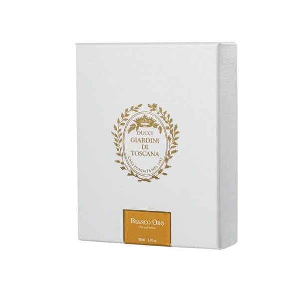 Elegant Ducci Giardini Di Toscana Bianco Oro perfume bottle with gold accents.