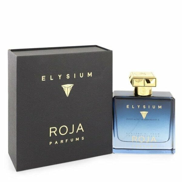 Elysium Roja perfume bottle with gold cap and box, luxury fragrance for men.