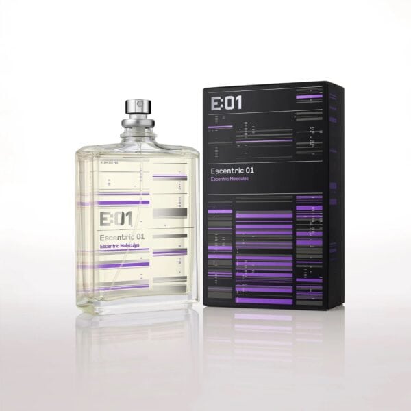 Escentric 01 EDT perfume bottle and packaging by Zonyx, minimalist design.