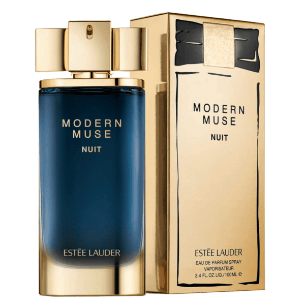Estee Lauder Modern Muse Nuit EDP 100ml fragrance with elegant blue bottle and gold accents.