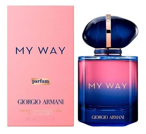 Armani My Way Parfum 90ml - Elegant blue and pink bottle with gold accents, perfect for a luxurious.